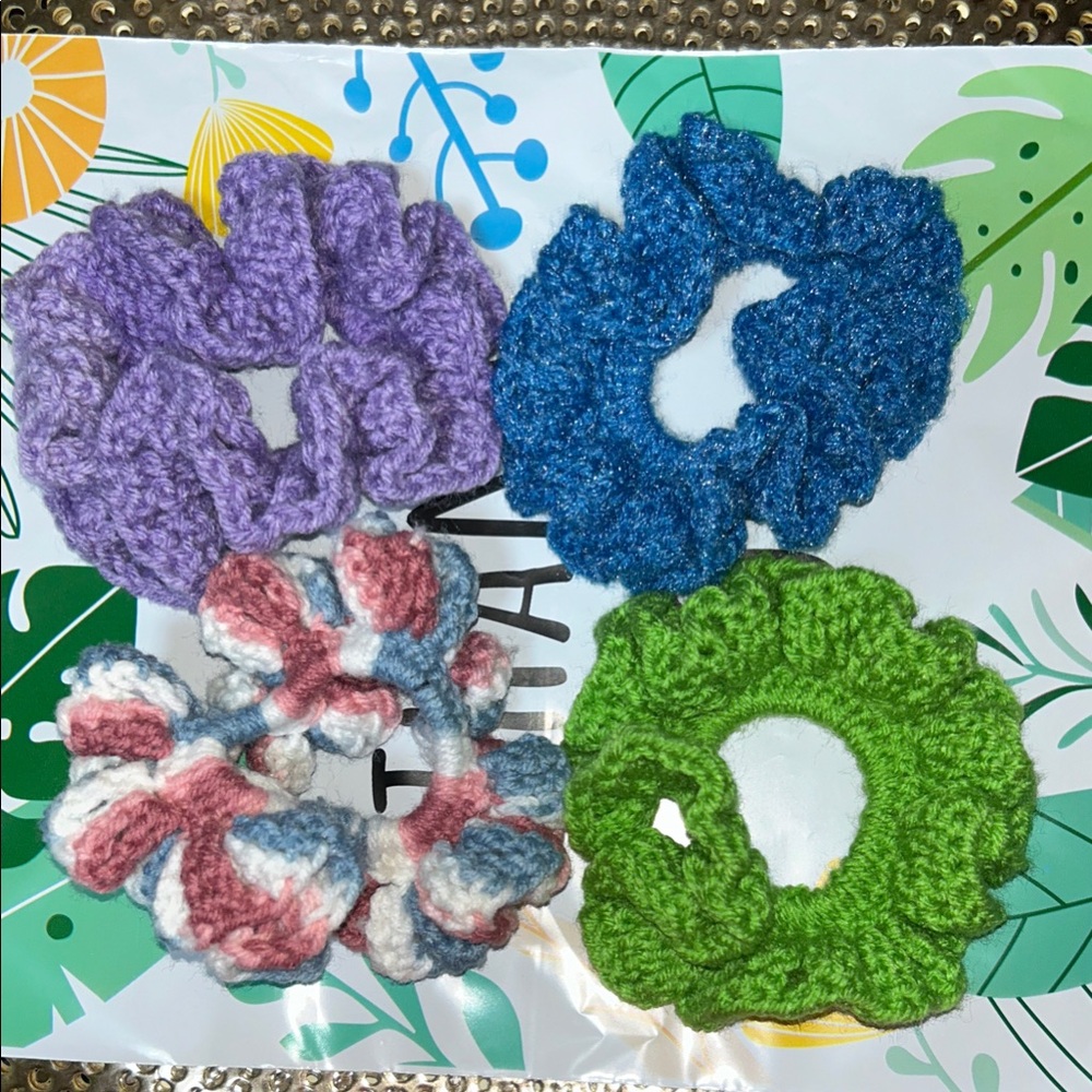 Colorful crocheted handmade Scrunchies Set of 4